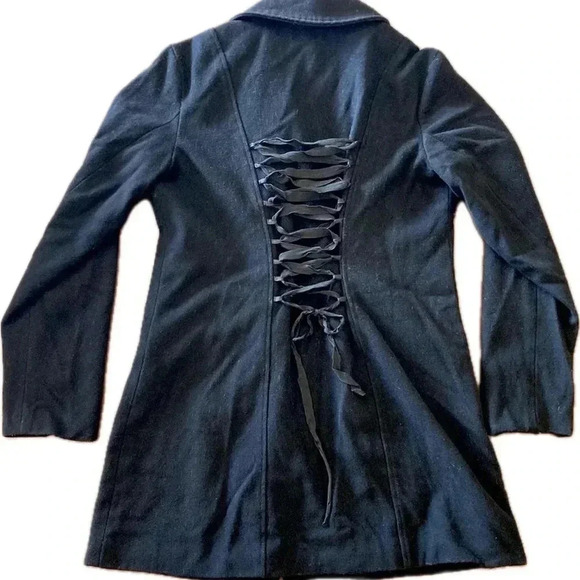 Hot Topic Goth Asymmetric Zip Wool Trench Coat Corset Lace Up Back LG - Picture 4 of 7